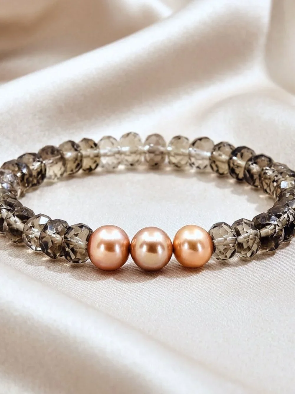 Smoky Quartz Bracelet w/Gold Pearls, Dainty Genuine Gemstone Stretch Bracelet